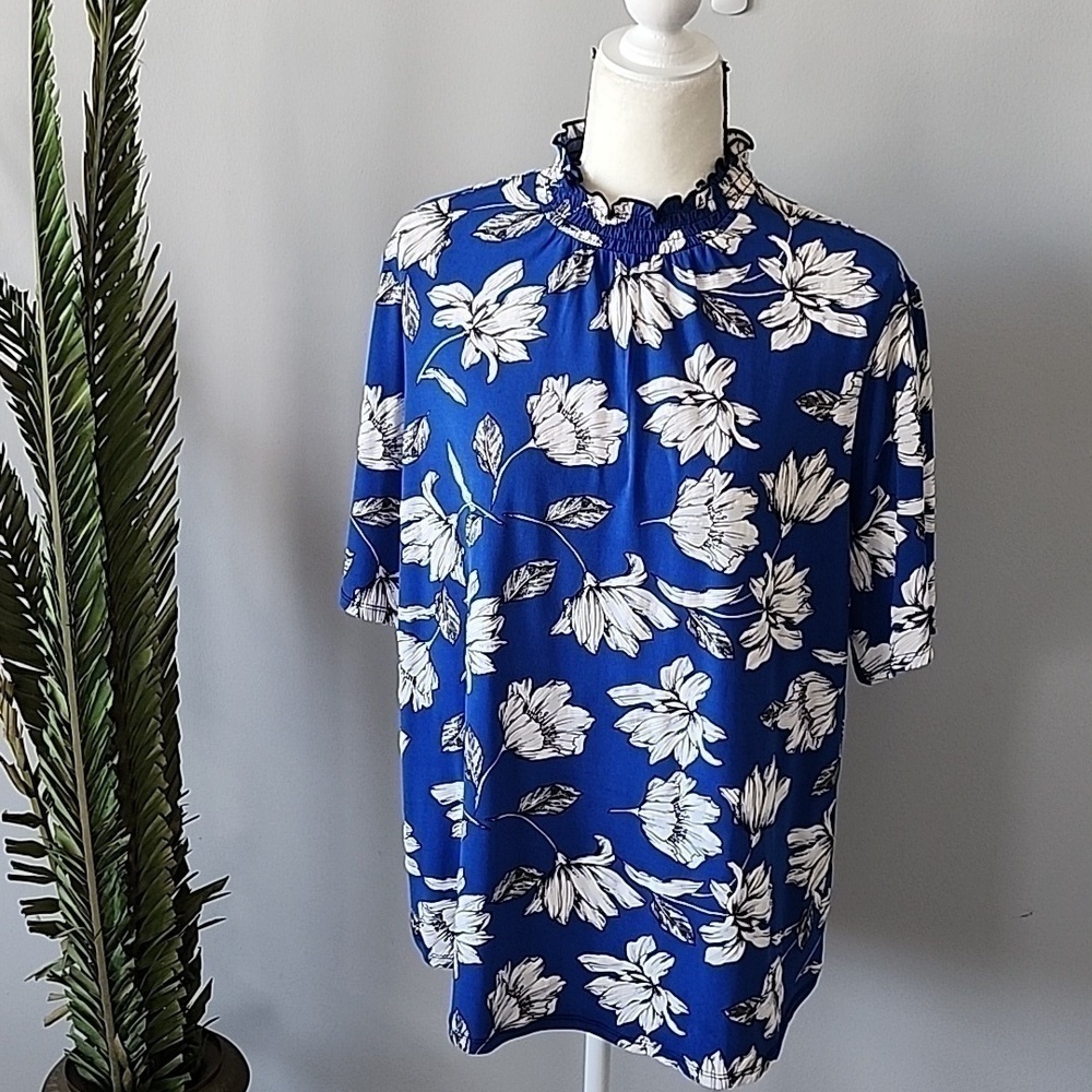 Cato royal blue and light blue floral print blouse with ruffle mock neck…